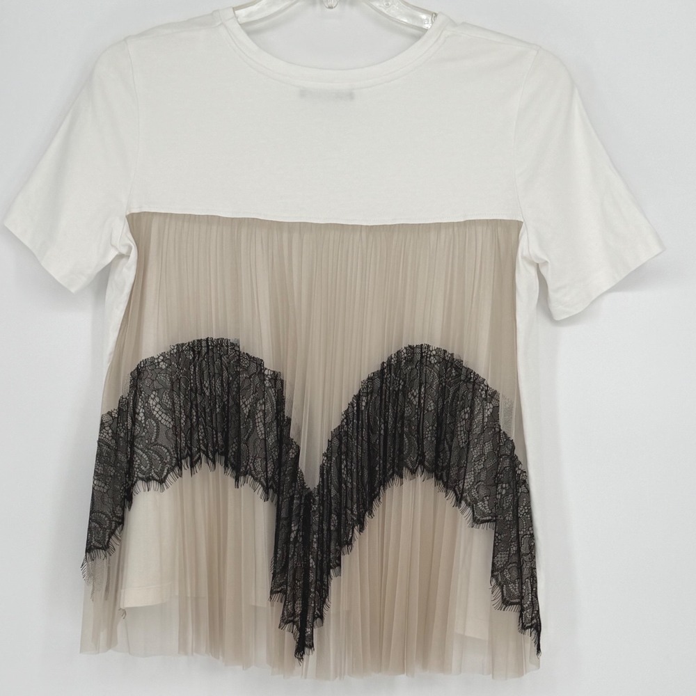 ZARA White Lace Trim Tulle Sheer Back T Shirt Top Women's M Bohemian Chic 100-60 - Picture 7 of 13